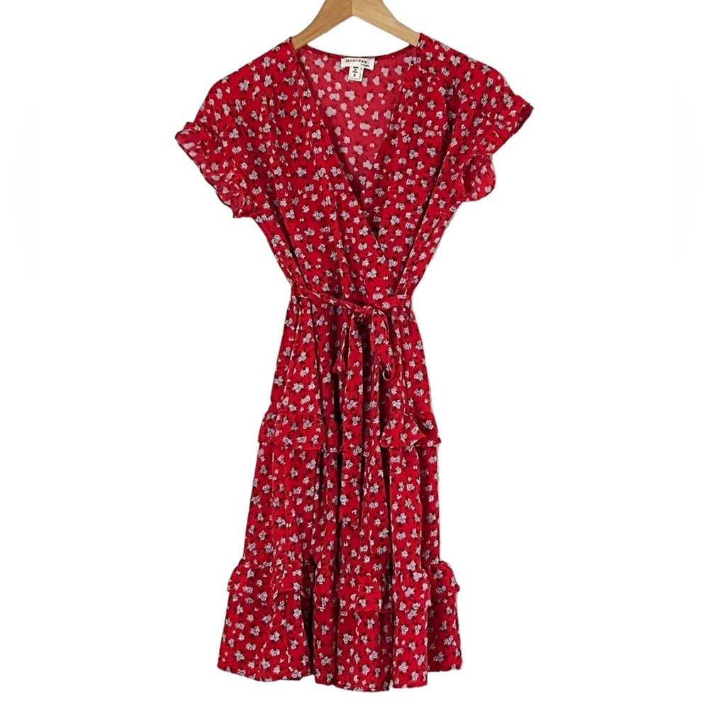 Monteau | Like new red flutter sleeve tiered surplice belted dress size …